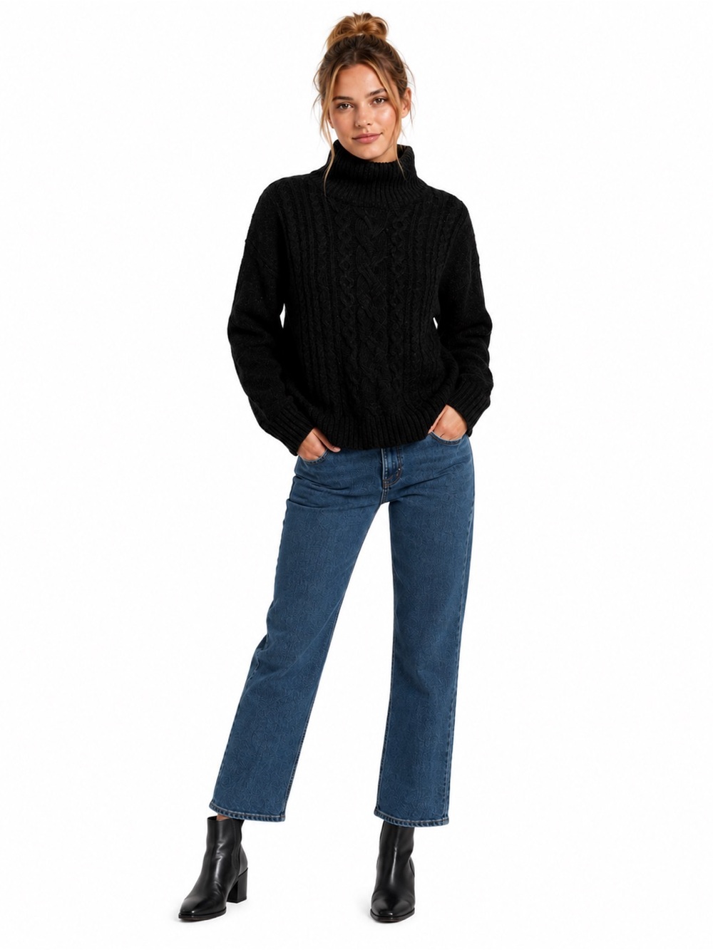 GAP Women’s Forever Cozy Black Cable Knit Mock Neck Sweater M Black